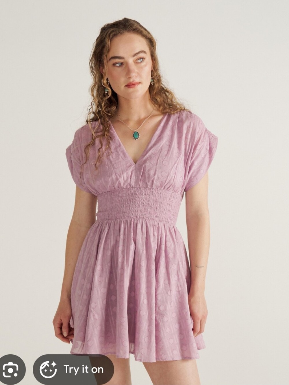 Tecovas Lavender V-Neck Smocked-Waist Mini Dress G104